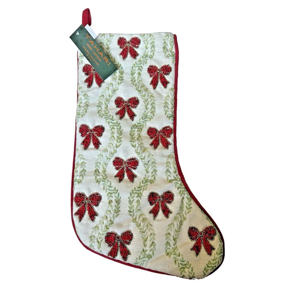 Tahari Home Christmas Stocking Beaded Bows Red Gold Silver Green 22” Coquette